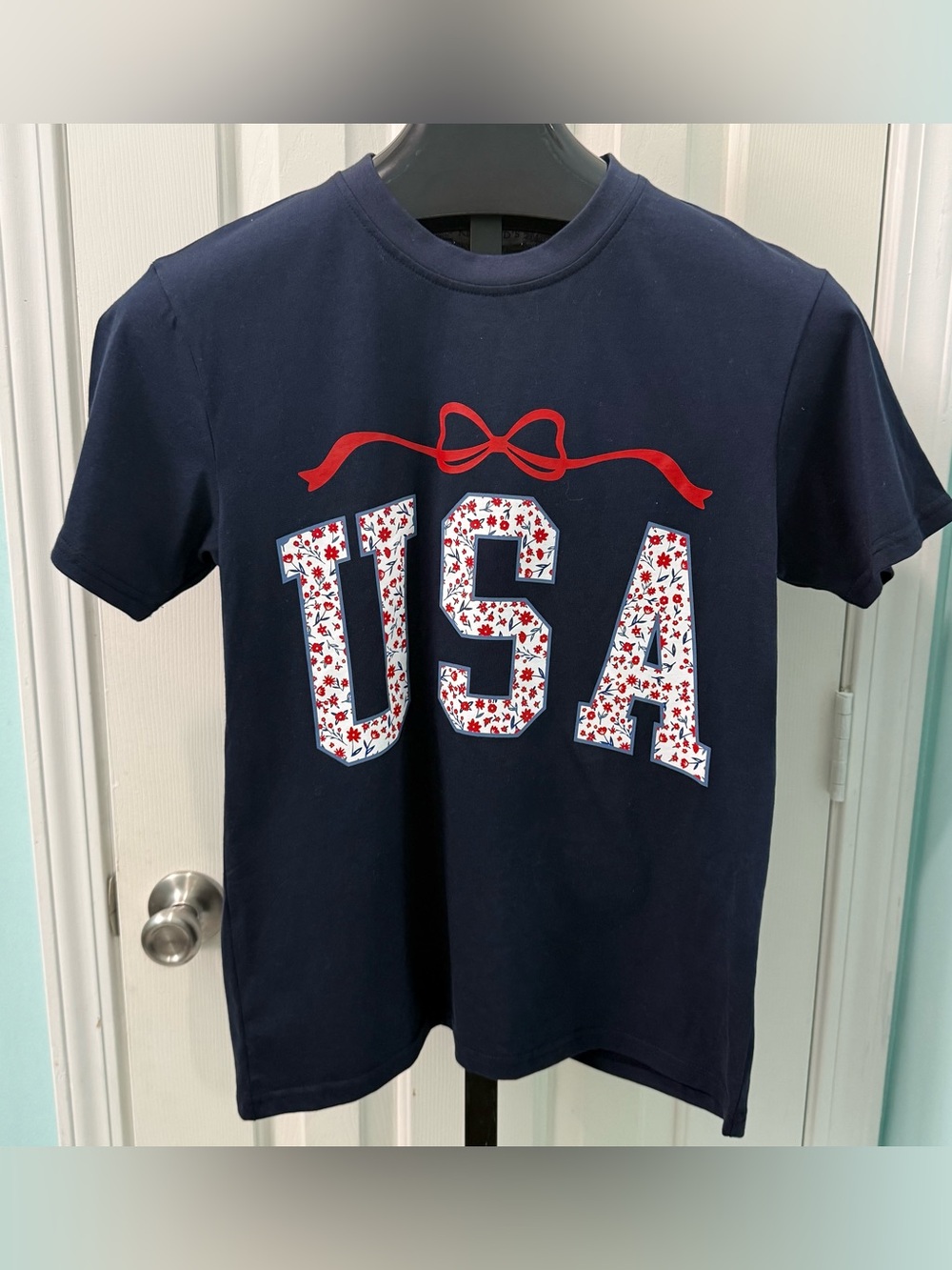 NWT Kirkland's Home Women's Size S Navy USA Floral Coquette T-shirt 4th of July